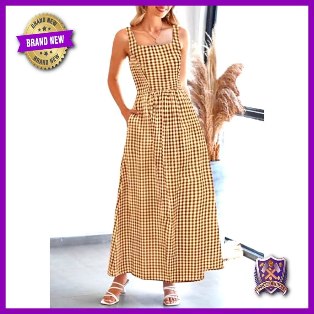 Spaghetti Strap Maxi Dress Plaid Square Neck A-Line Casual Beach Vacation - Picture 4 of 7